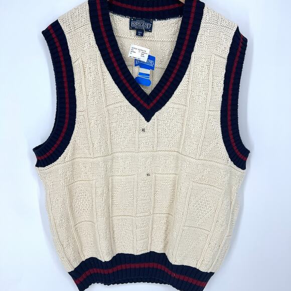 VTG 90s Lands End USA Mens 100% Cotton Tennis Knit Vest V Neck Cream Red Blue XL - Picture 8 of 8